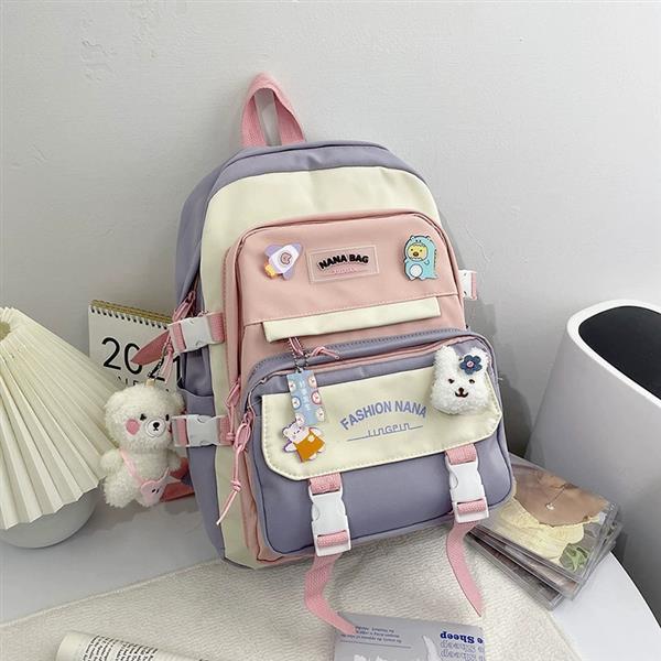 کوله چند جیب طرح HANA BAG رنگ کرم و گلبهی و یاسی کد 13465