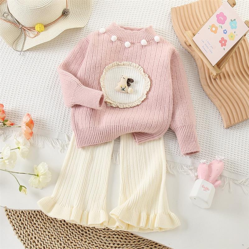 ست بافت بلوز صورتی طرح خرگوش برجسته و شلوار دمپا شیری کد 21094