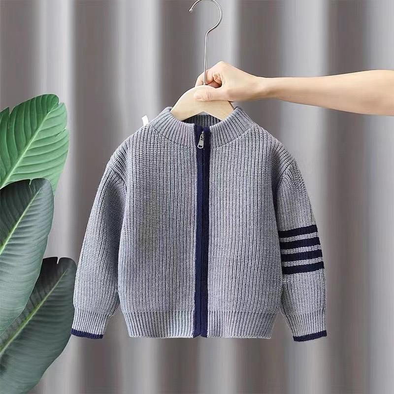 ژاکت بافت SPORT رنگ طوسی استین خط سورمه ای کد 21141