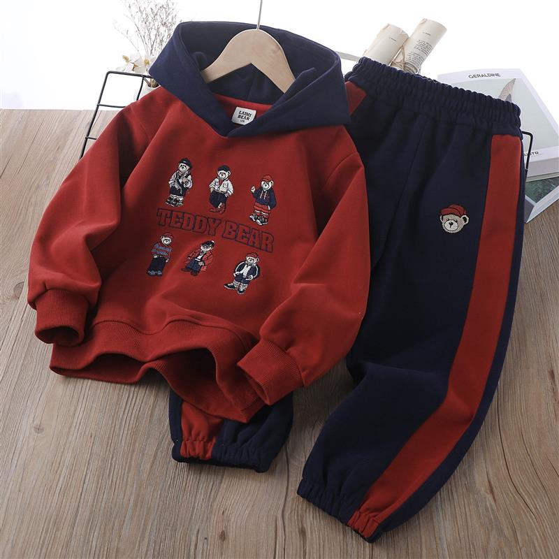 ست هودی زرشکی طرح TEDDY BEAR با شلوار اسلش سورمه ای داخل لاینردار کد 21176