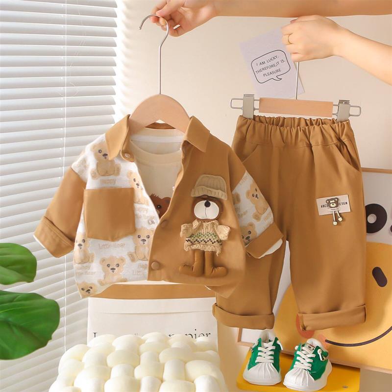 ست سه تیکه شومیز و شلوار نسکافه ای کرم و بلوز نخی سفید خرسی عروسک برجسته کد 21184