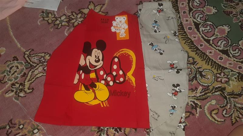 ست نخی بلوز قرمز و شلوار طوسی طرح میکی موس و پاپیون سایز کوچک کد 9887